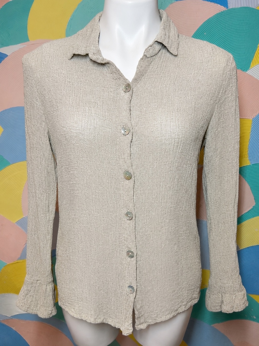 Marilu Light Beige Crinkle Button-Up Women's Top sz L made in Italy